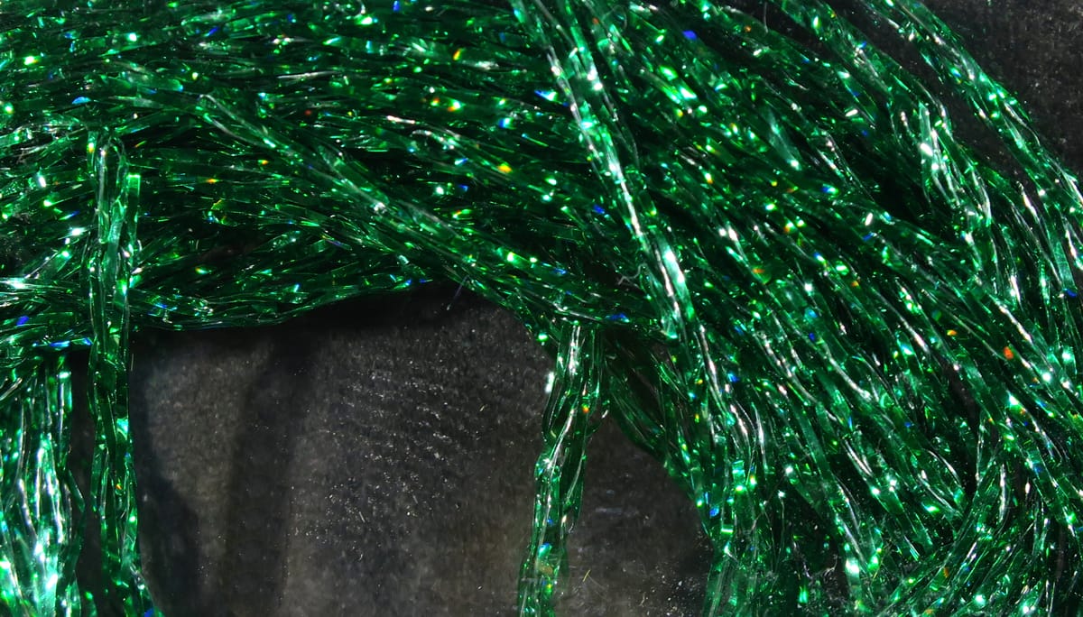 Hareline Diamond Braid emerald green holographic synthetic tinsel, sparkly metallic braided strands for fly tying