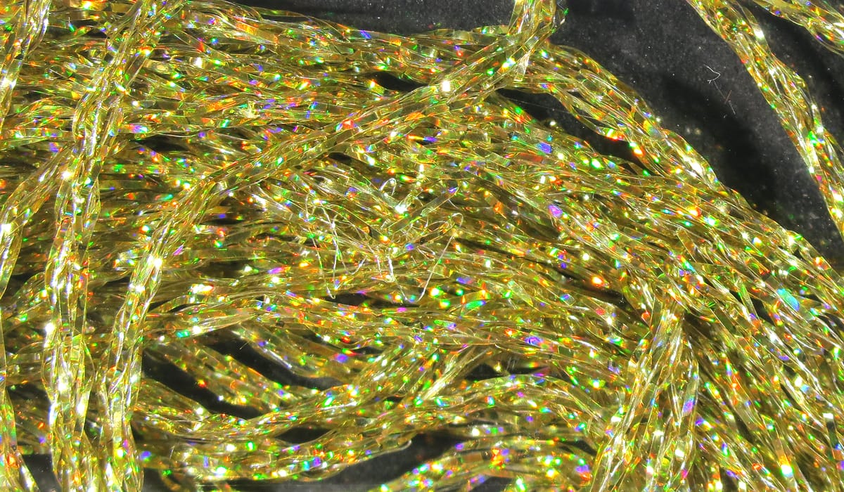 Hareline Diamond Braid gold holographic braided synthetic tinsel for fly tying with iridescent sparkle