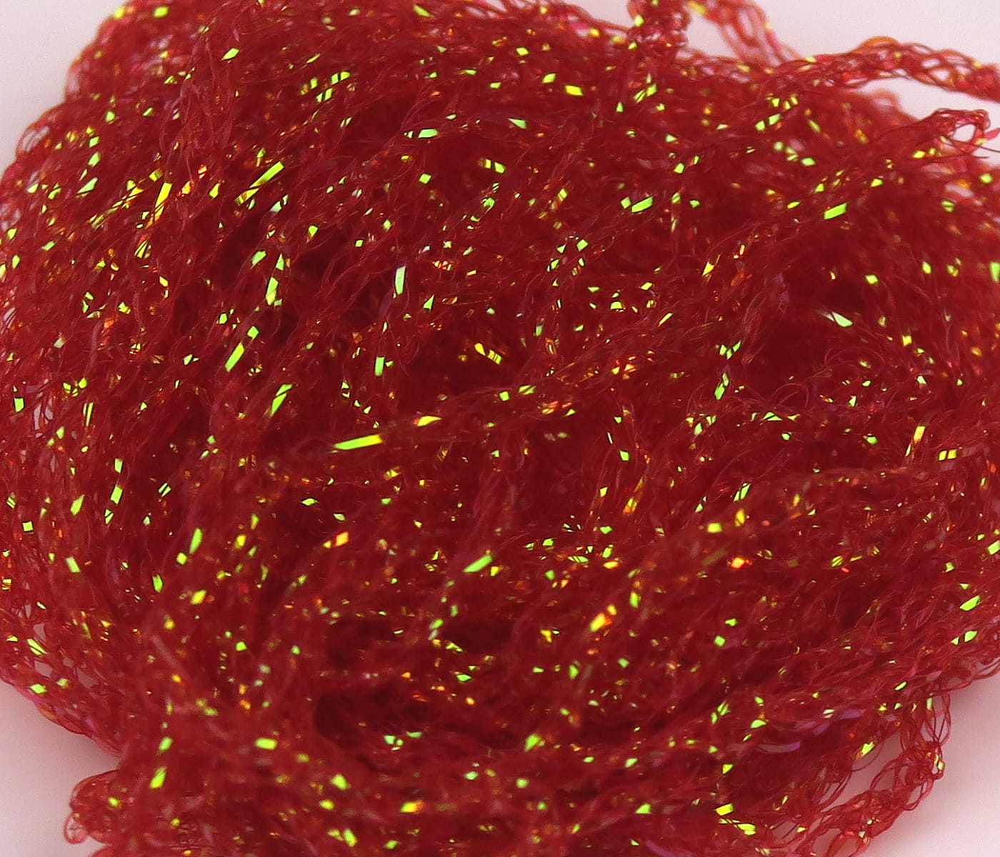 Hareline Diamond Braid red synthetic braid with green-gold iridescent flash, fine braided fibers for fly tying
