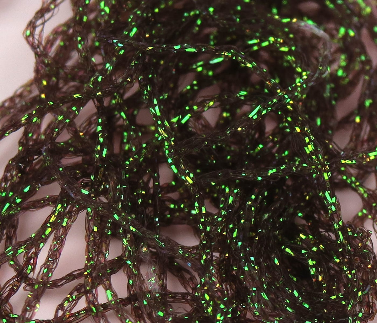 Dark brown synthetic diamond braid with bright green holographic flashes, braided strand for fly tying