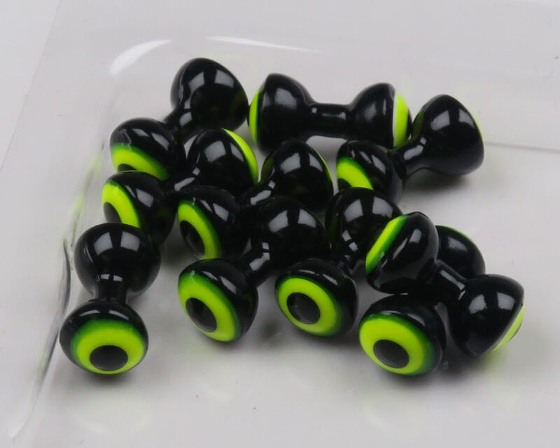 Hareline double-pupil brass fly-tying eyes: glossy black hourglass-shaped beads with neon yellow-green rings and black