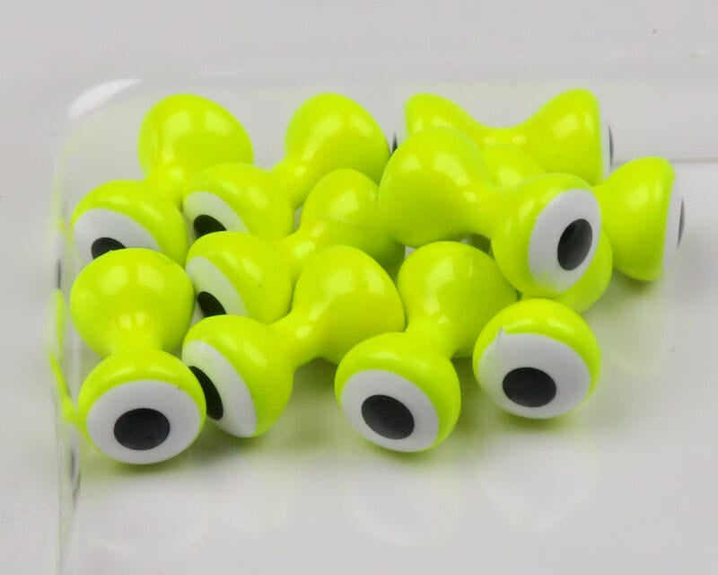Glossy chartreuse double-pupil brass eyes for fly tying, dumbbell-shaped with white ring and black pupil