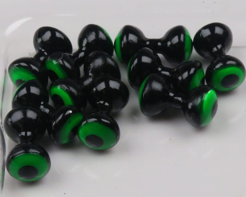 Hareline double pupil lead eyes for fly tying, glossy black dumbbell-shaped with bright green rings and black pupils