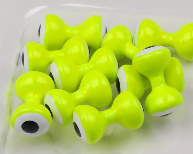 Glossy fluorescent chartreuse double-pupil lead eyes for fly tying, white rings with black centers, clustered pack