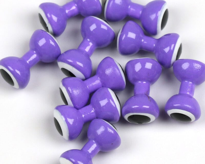 Purple glossy Hareline double-pupil lead eyes for fly tying, dumbbell-shaped with white rings and black pupil centers