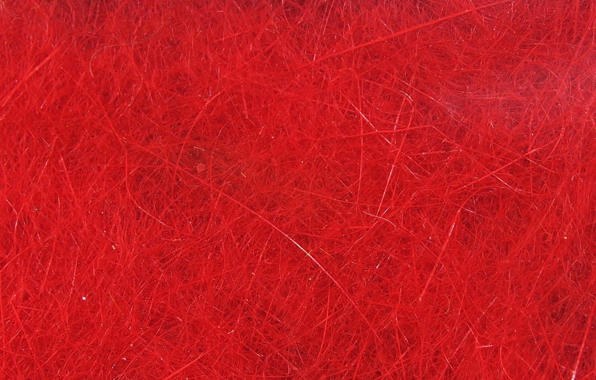 Bright red Hareline dubbing, fine wispy fur-like fibers and strands for fly tying with subtle sheen