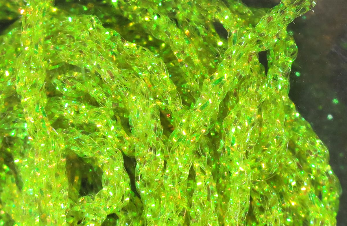 Hareline chartreuse dyed pearl diamond braid with iridescent sparkle, synthetic braided material for fly tying