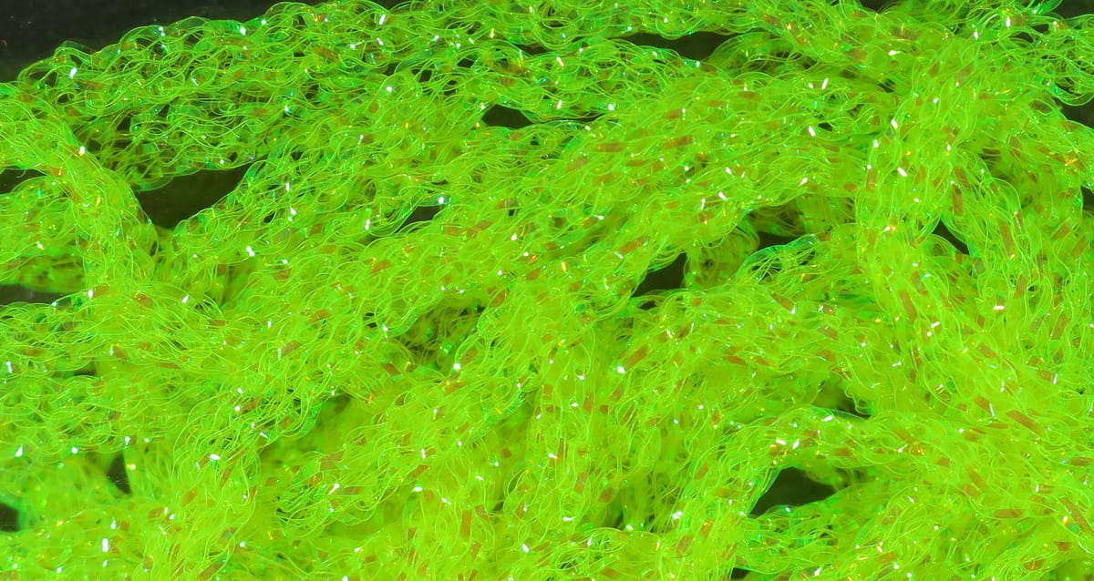 Neon chartreuse dyed pearl diamond braid with iridescent sparkles, textured synthetic braid for fly tying
