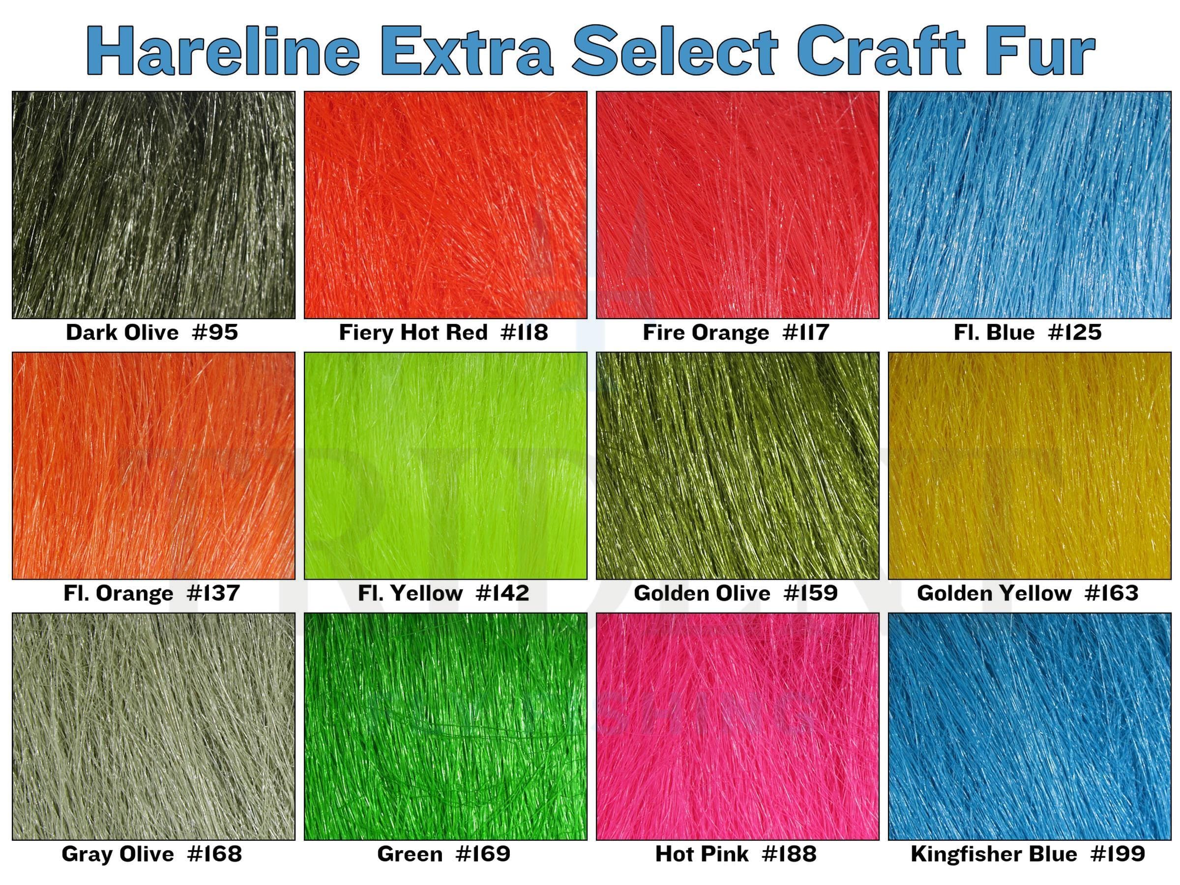 Hareline craft fur swatches - shiny fly tying fur in olive, red, orange, blue, green and hot pink