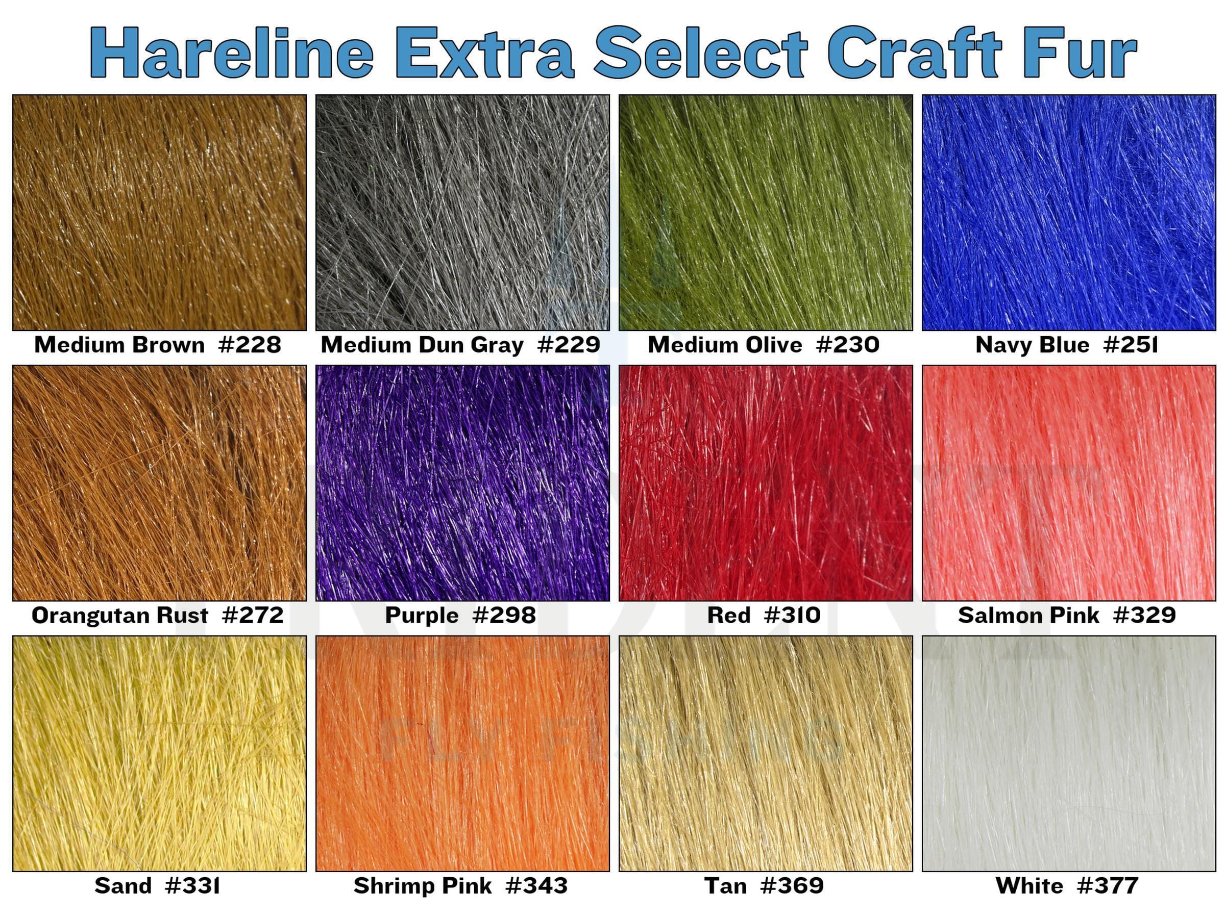 Hareline craft fur close-up of synthetic swatches in brown, olive, navy, purple and salmon pink for fly tying