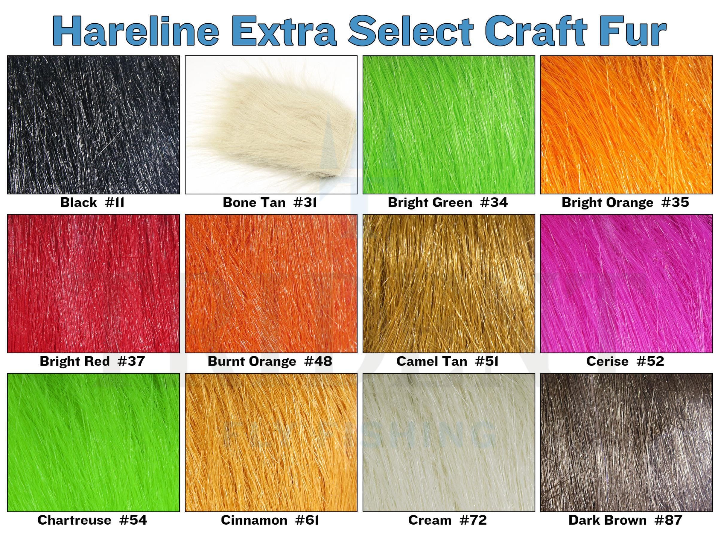 Hareline Extra Select craft fur swatch chart showing long, shiny synthetic fur fibers in vivid colors for fly tying