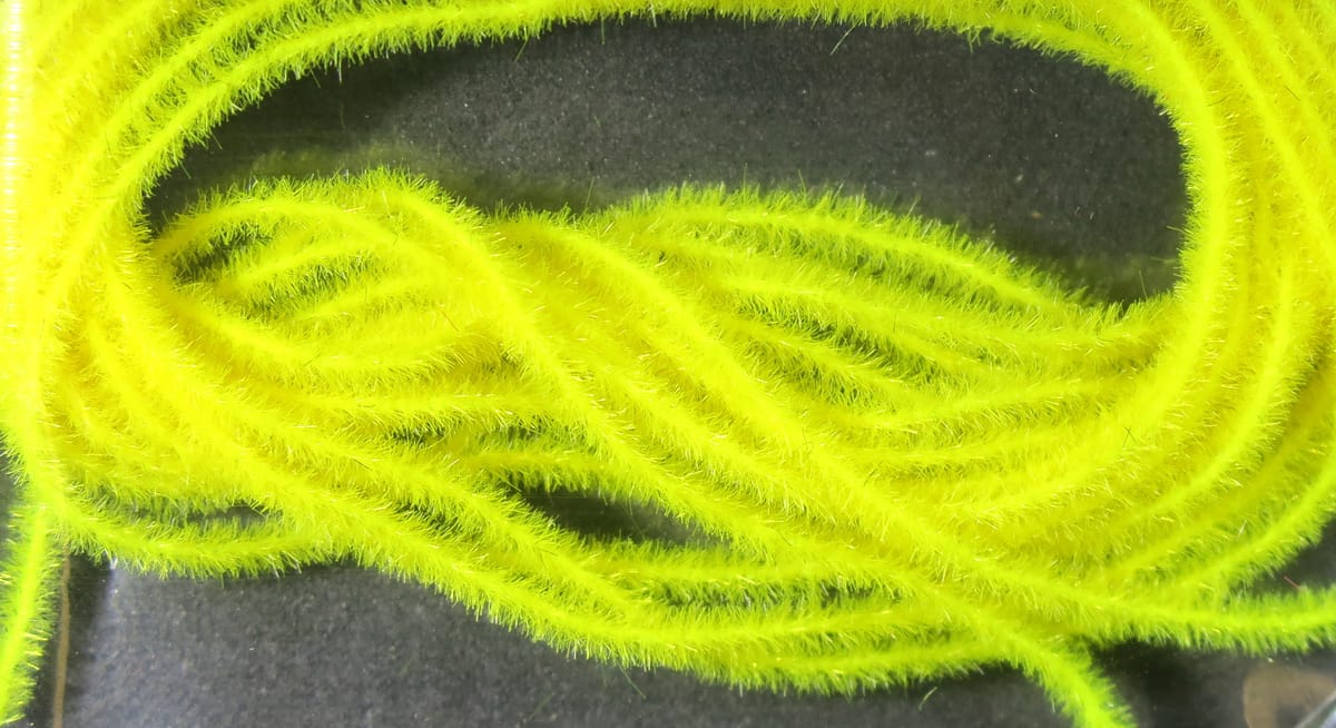 Chartreuse Hareline EZ Magic Dub synthetic fuzzy dubbing strands, bright yellow-green chenille-style material for fly tying