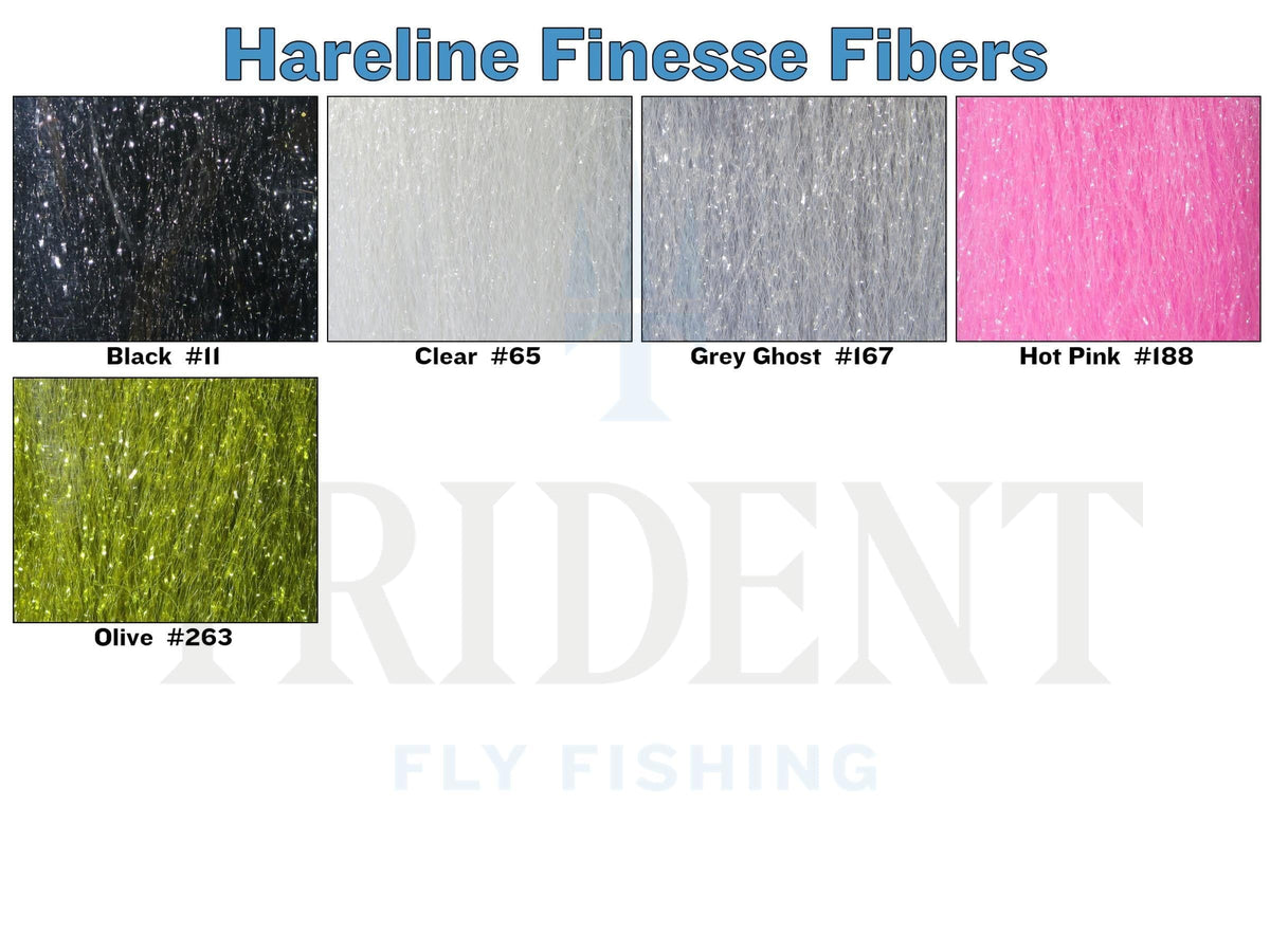 Hareline Finesse Fibers fly tying synthetic sparkle fiber swatches: black, clear, grey ghost, hot pink, olive