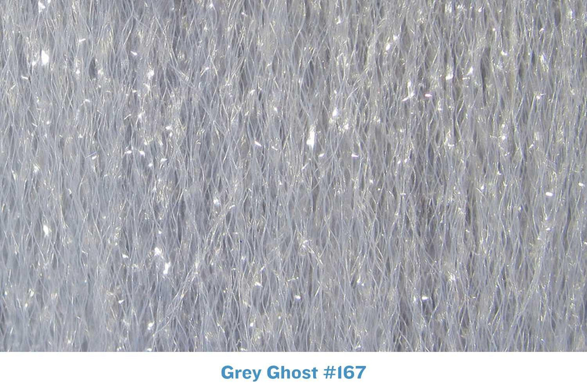 Pale grey Hareline finesse synthetic fibers with fine hair-like strands and silver sparkle flakes for fly tying
