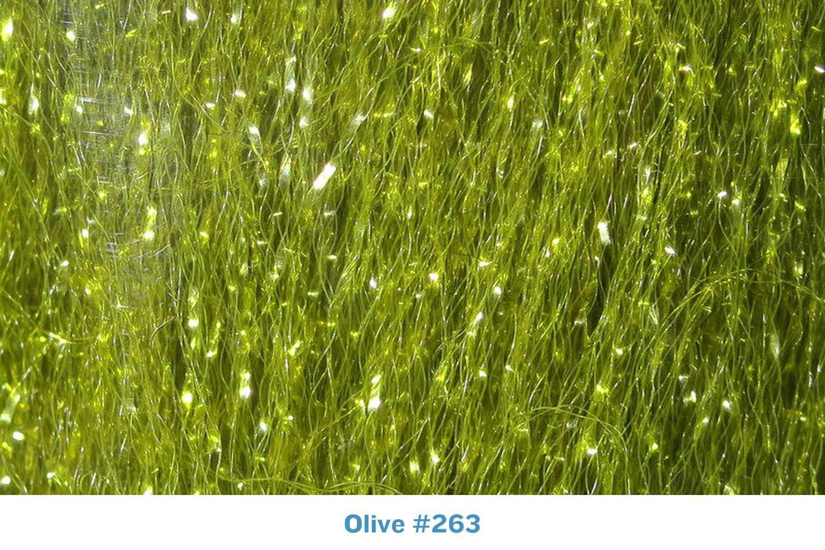 Olive green Hareline Finesse fibers: fine, glossy synthetic strands with subtle sparkle for fly tying
