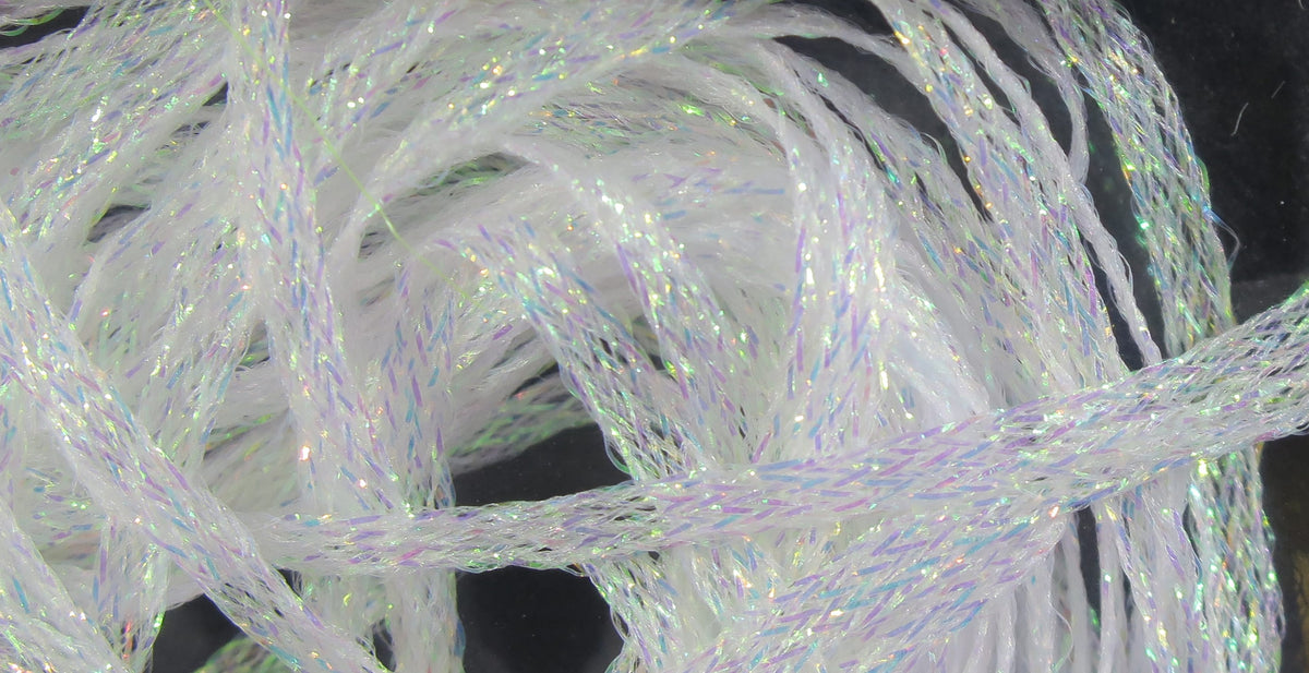 White iridescent flat diamond braid with holographic shimmer, braided synthetic strands for fly tying