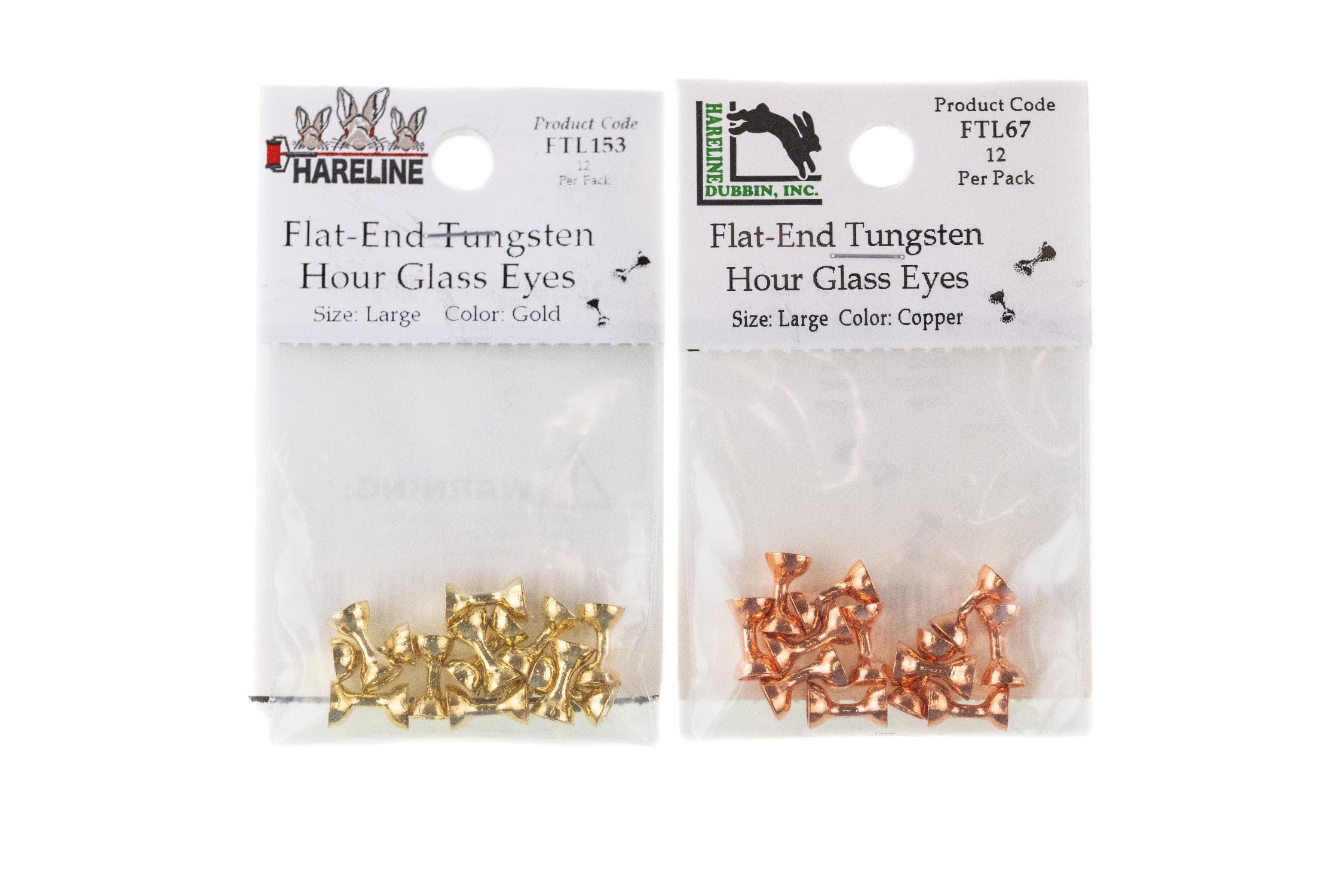 Two packs of Hareline flat-end tungsten hour glass eyes, gold and copper metallic, in clear packaging for fly tying