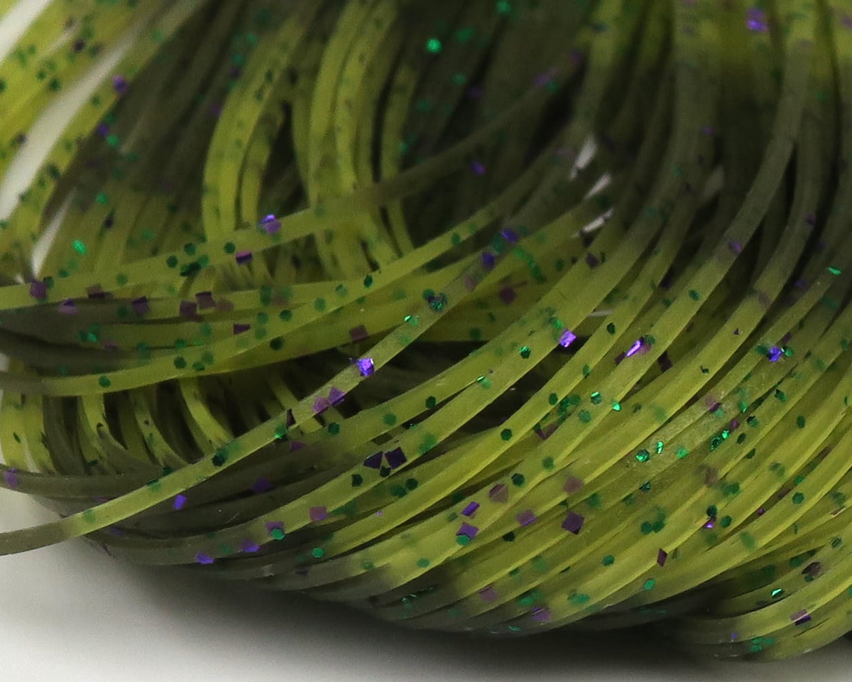 Olive chartreuse translucent rubber fly enhancer legs with thin flat strands and green and purple glitter for fly tying