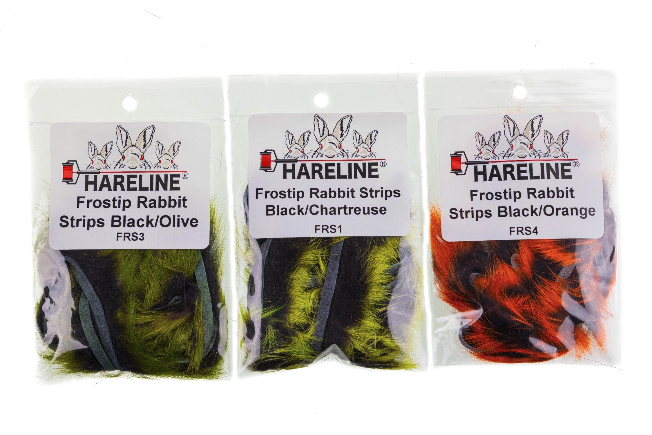 Hareline Frostip rabbit fur strips in clear packs: black/olive, black/chartreuse & black/orange fluffy fur