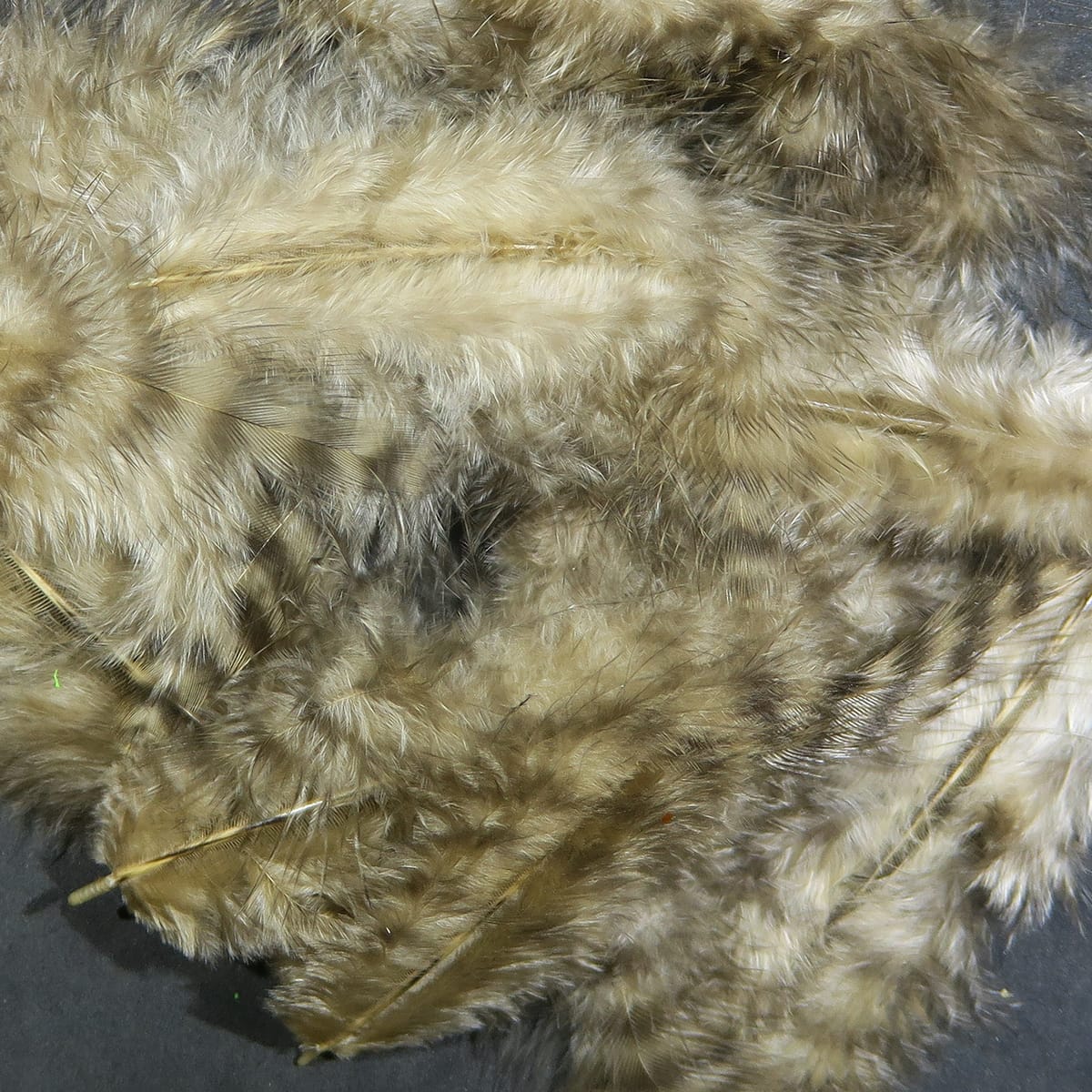 Tan and olive grizzly marabou feathers, soft fluffy wisps and long quills for fly tying, mottled natural coloration