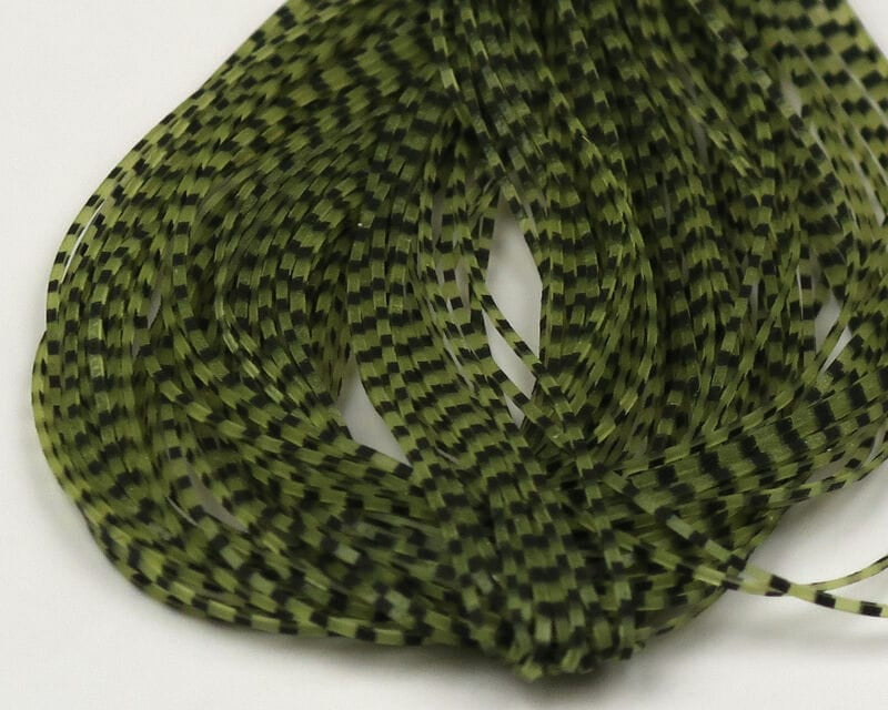 Olive green and black grizzly micro legs, barred synthetic rubber strands for fly tying