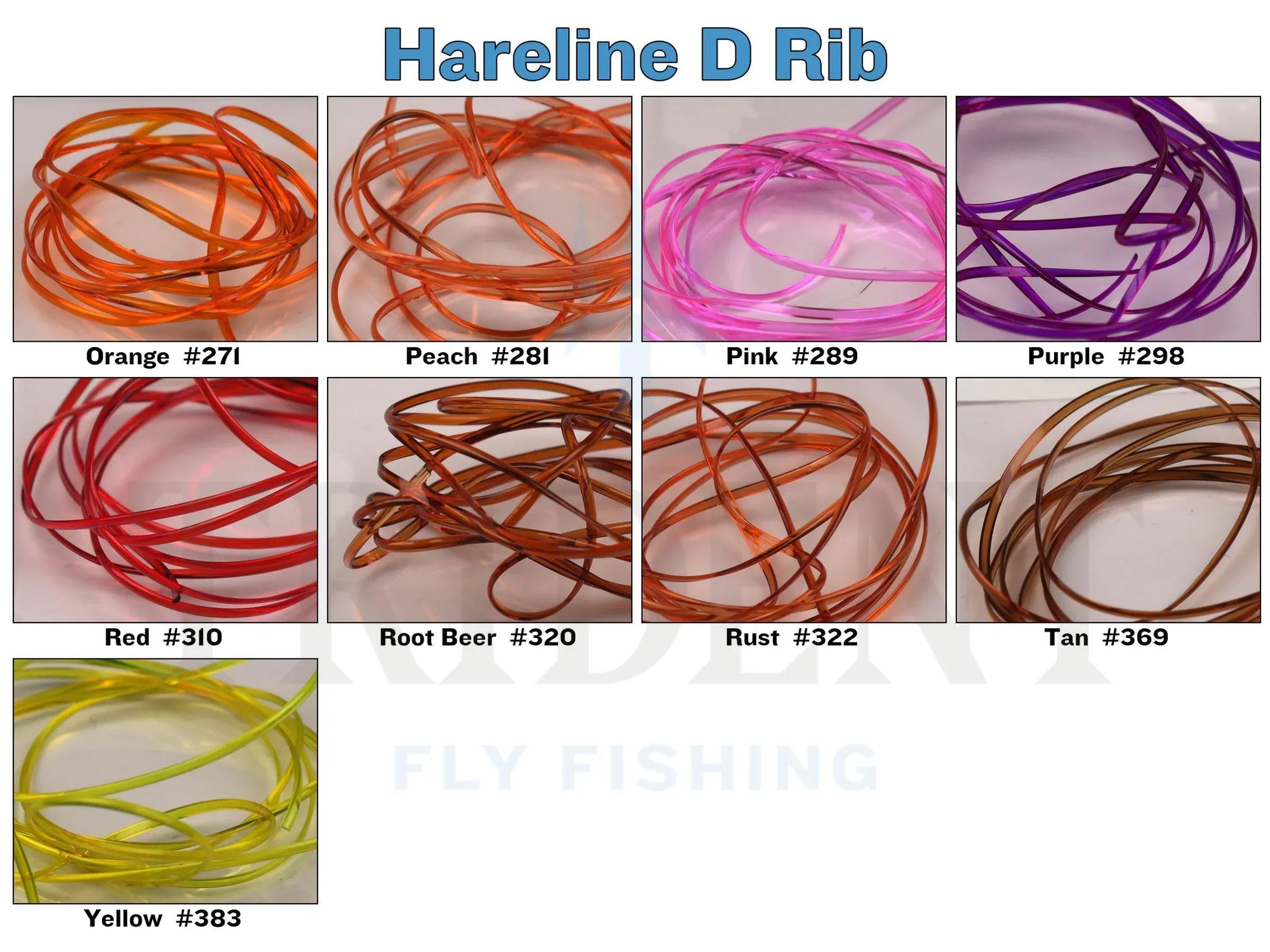 Translucent glossy half-round D-rib strands in orange, pink, purple, red, tan and yellow for fly tying