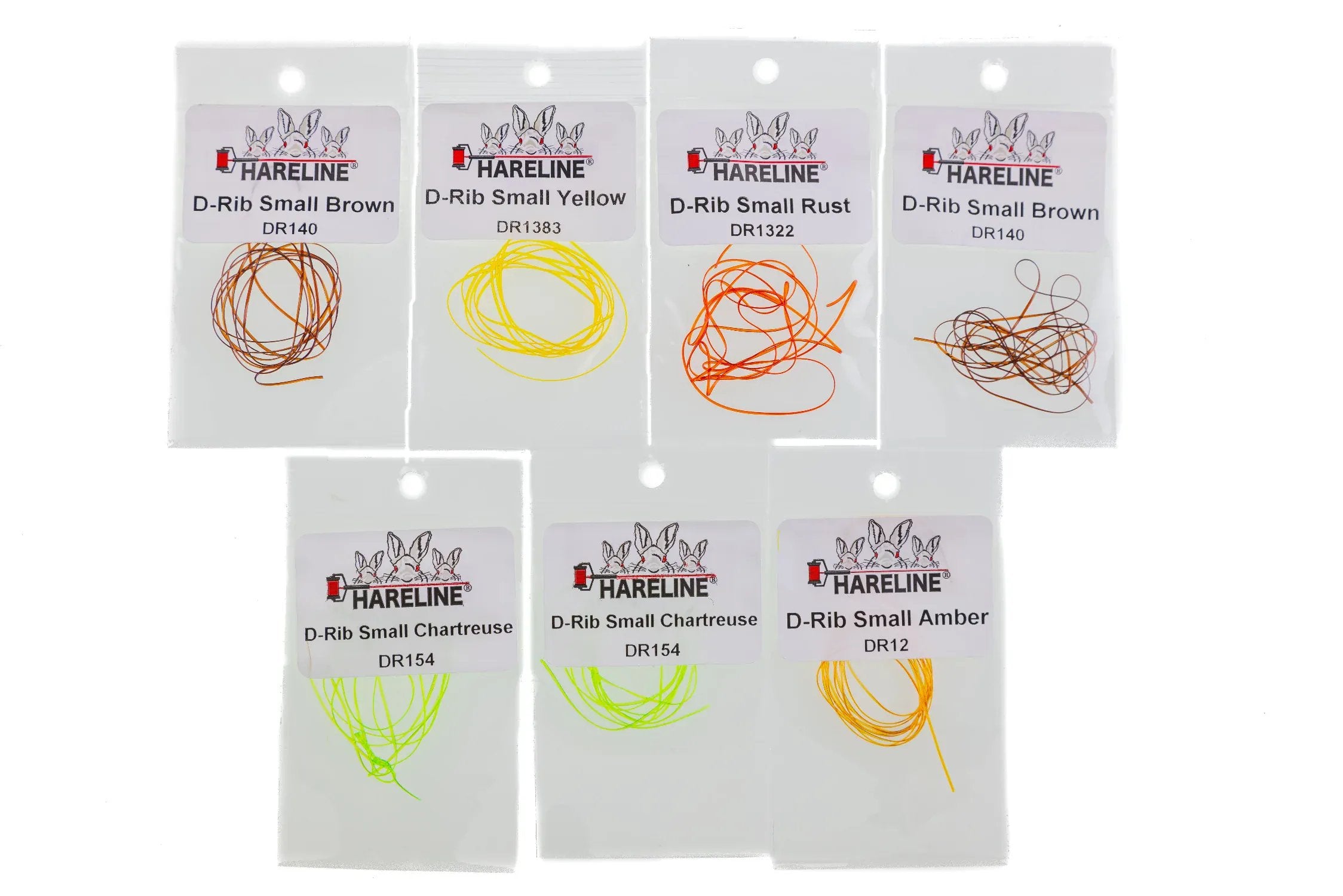 Hareline Half Round D-Rib fly tying packs with small half-round synthetic ribs in brown, yellow, rust, chartreuse, amber