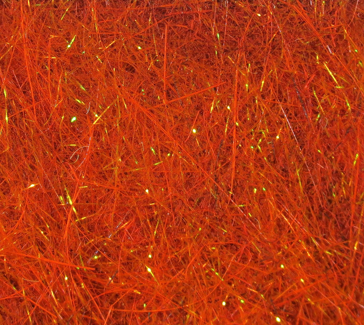 Hareline Hare'E Ice Dub orange synthetic fly tying dubbing with fine iridescent green-gold flash fibers