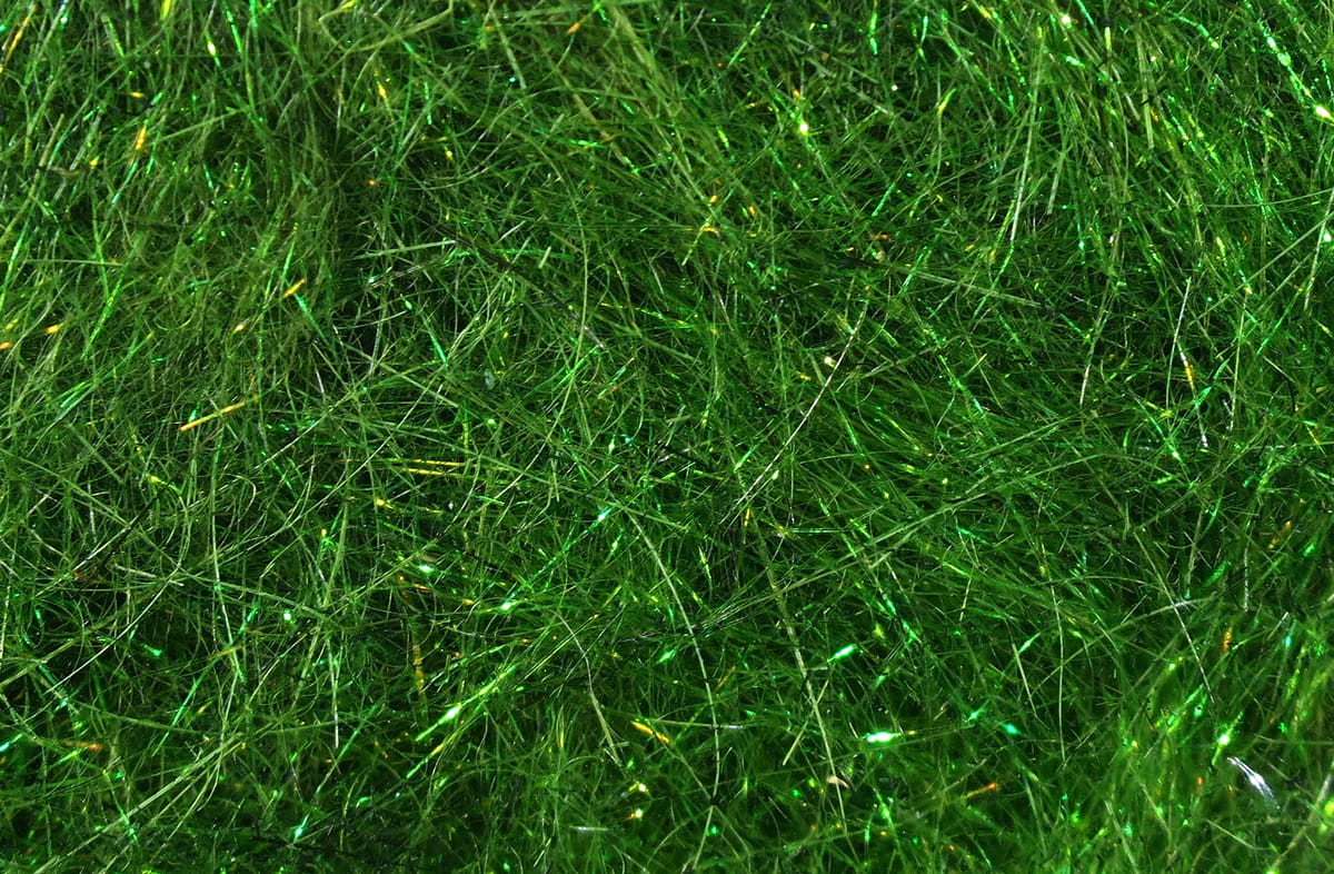 Bright emerald green Hareline Ice Dub fly tying dubbing with fine iridescent synthetic fibers and sparkle