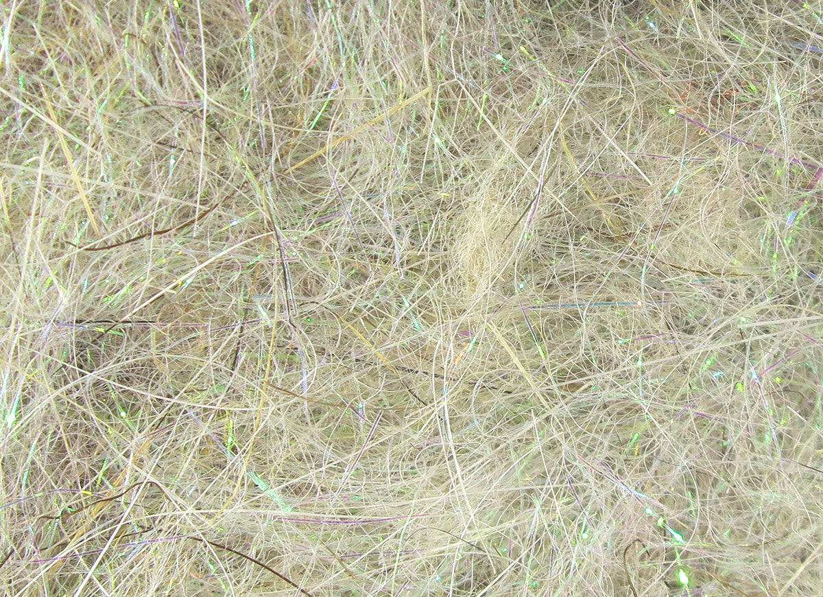 Hareline Hare'E Ice Dub pale tan/olive synthetic dubbing with iridescent flash fibers, wispy fly tying material