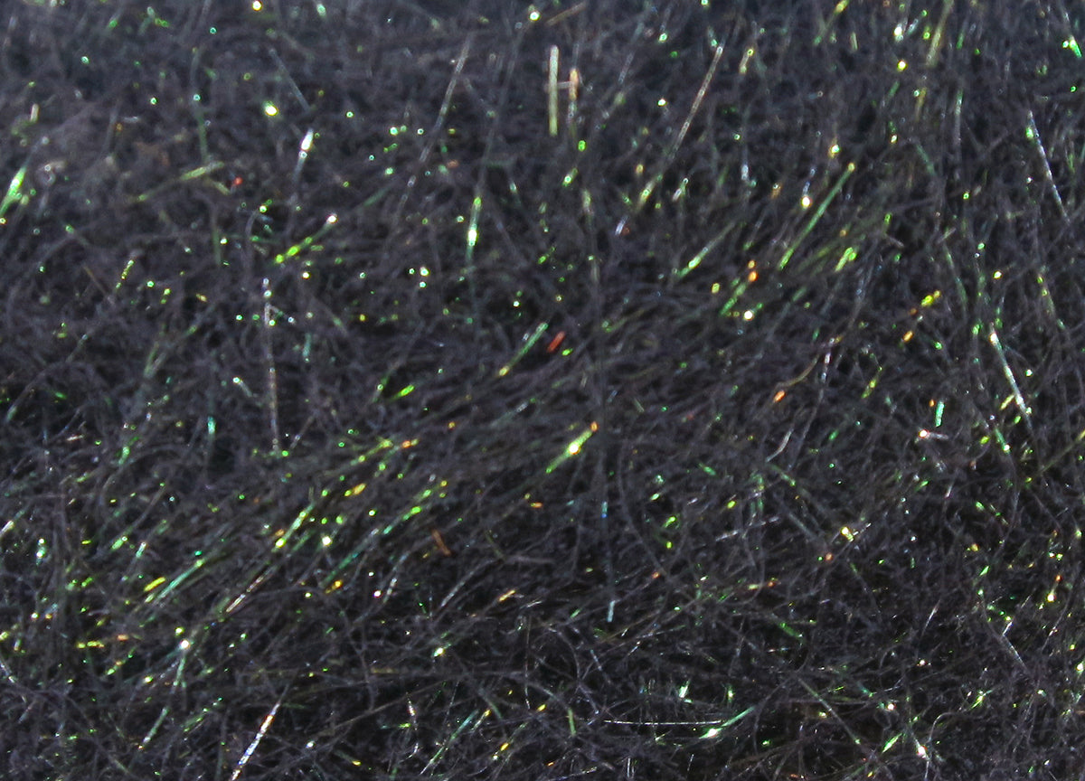 Black Hareline Hare'E Ice Dub synthetic dubbing with green and gold iridescent flash fibers for fly tying