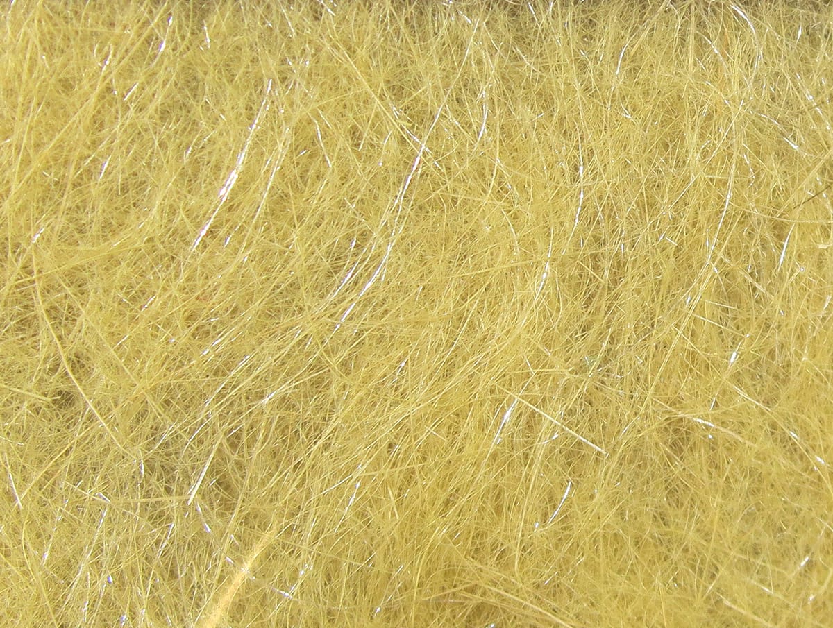 Yellow-gold Hare-Tron dubbing fibers with fine synthetic fur and silver flash strands for fly tying lures