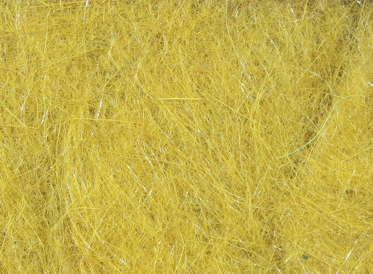 Bright mustard yellow Hare-Tron dubbing with fine synthetic fibers and subtle silver flash for fly tying