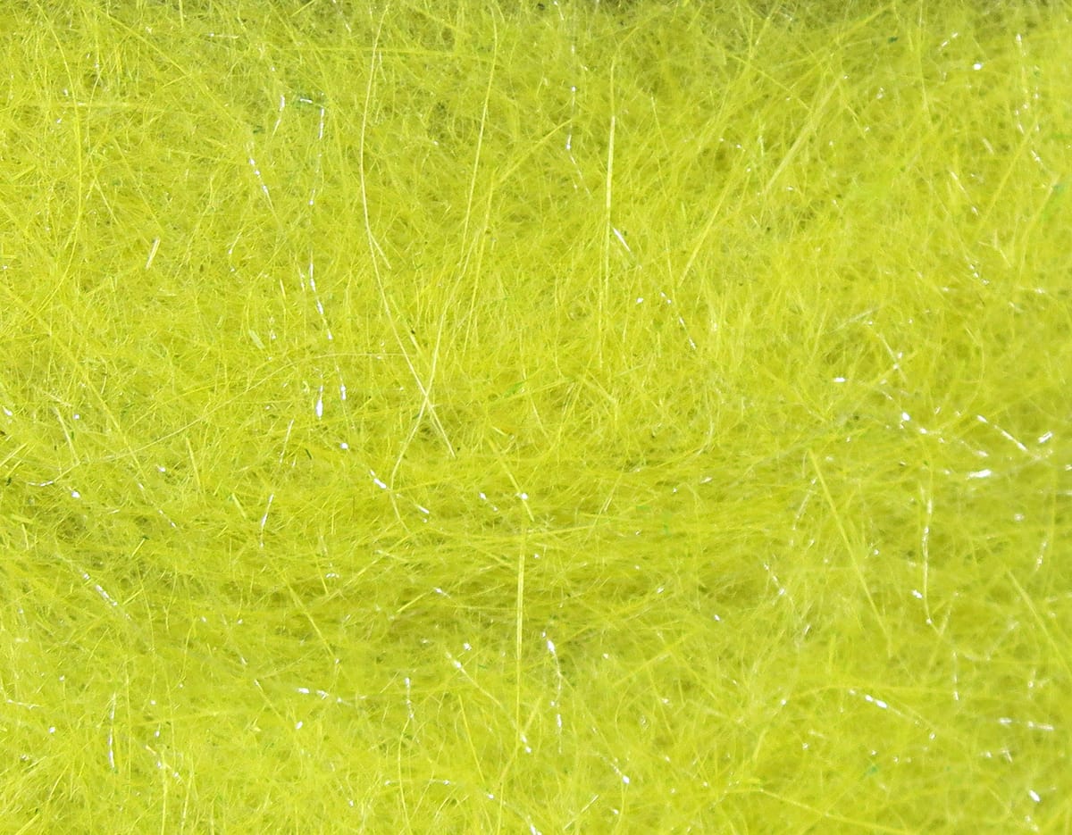 Chartreuse Hareline Hare-Tron dubbing fibers with silver flash, fine synthetic fur for fly tying
