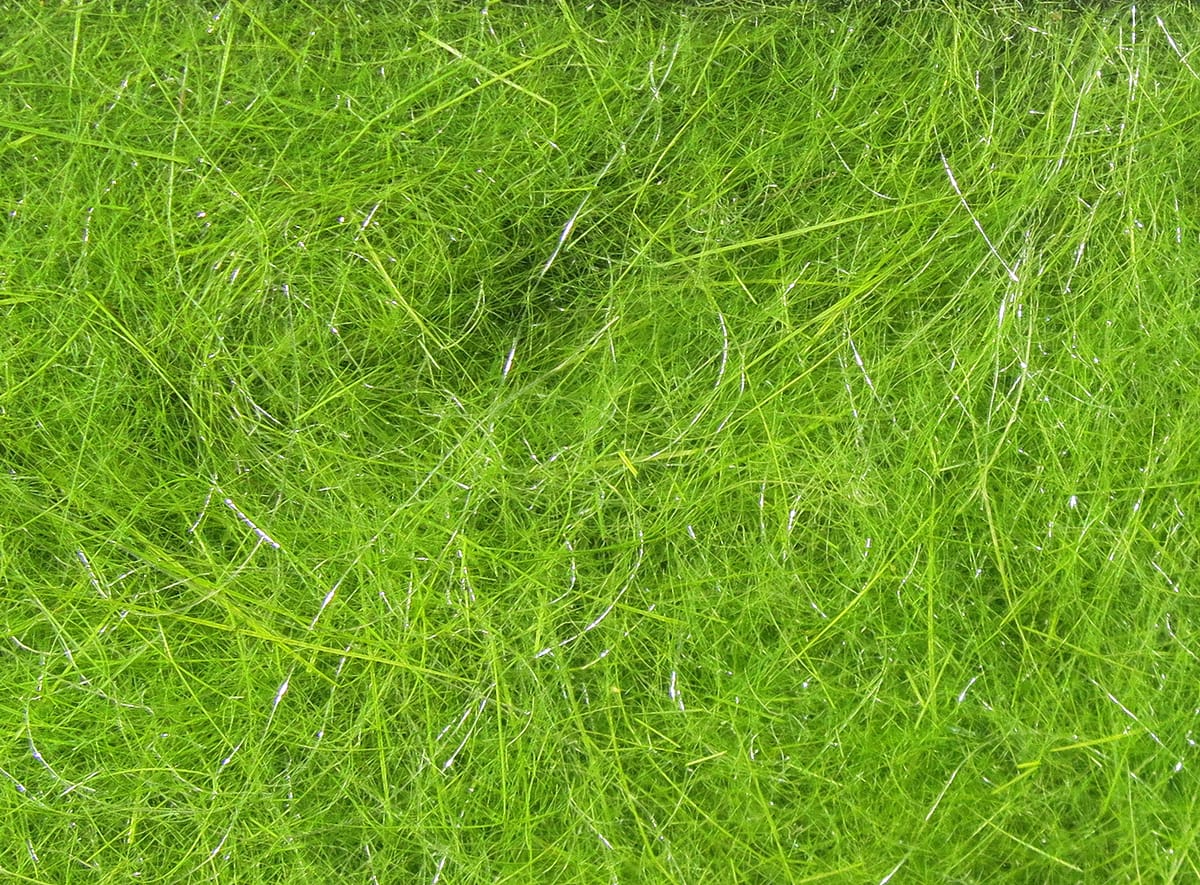 Chartreuse Hareline Hare-Tron dubbing with fine hair-like fibers and silver flash strands for fly tying