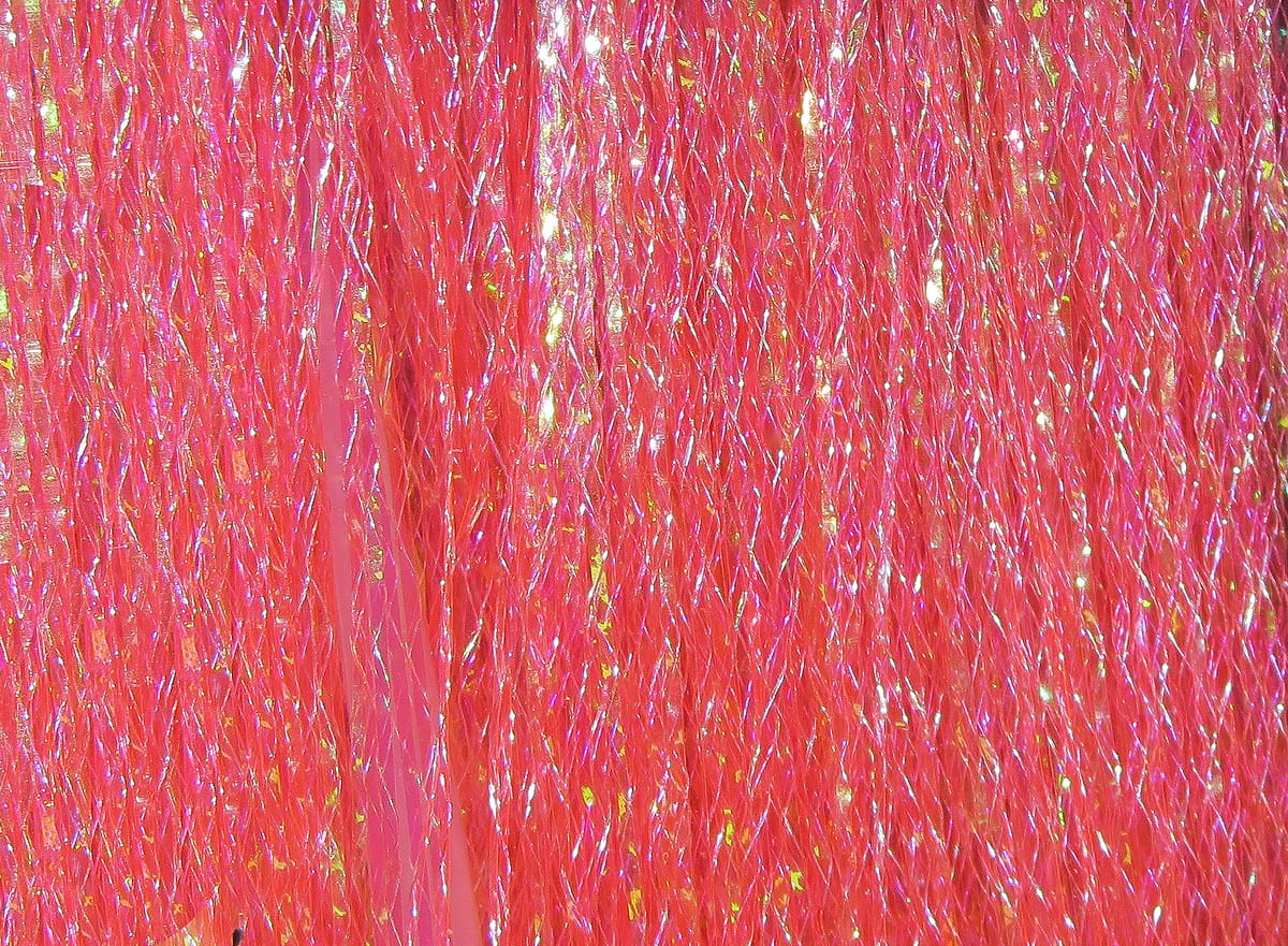 Hareline Helix Flash bright coral-pink iridescent synthetic flash fibers, twisted helix strands for fly tying