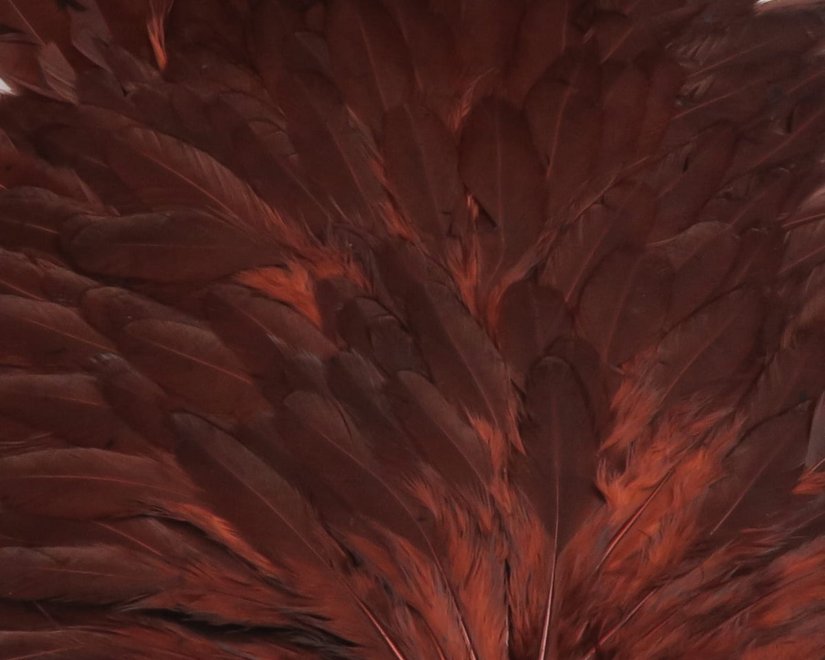 Hareline hen saddle feathers in deep reddish-brown, layered glossy long soft feathers for fly tying