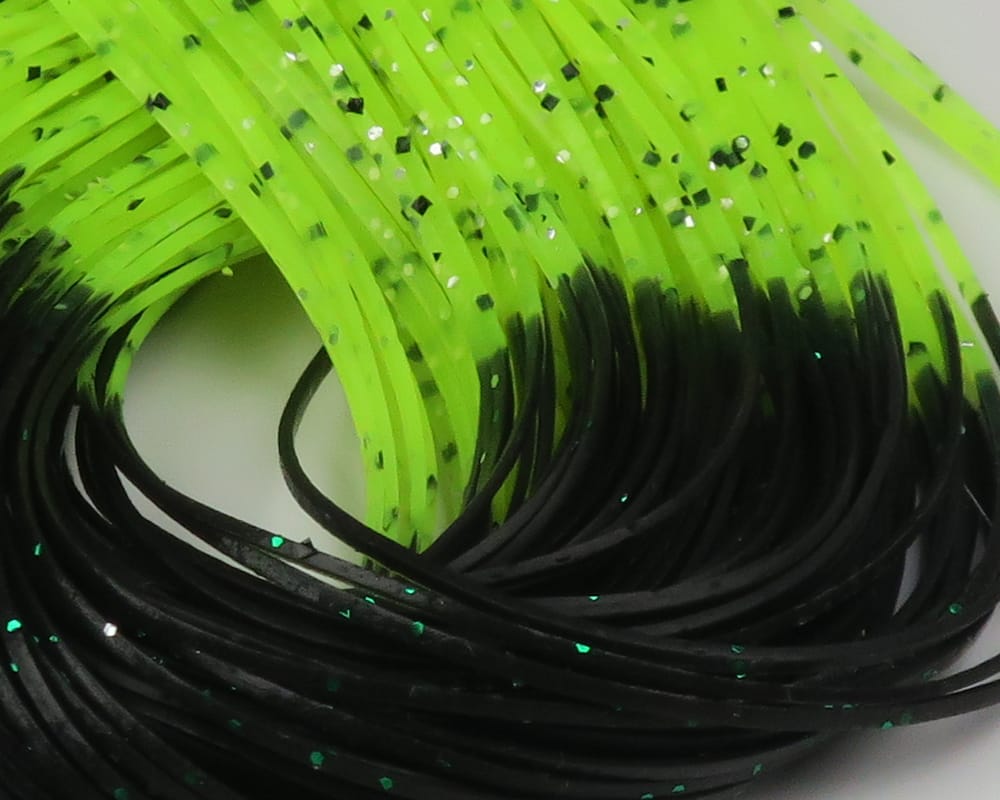 Chartreuse and black silicone fly tying legs with hot-tipped black ends and green glitter flecks, Hareline Crazy Legs