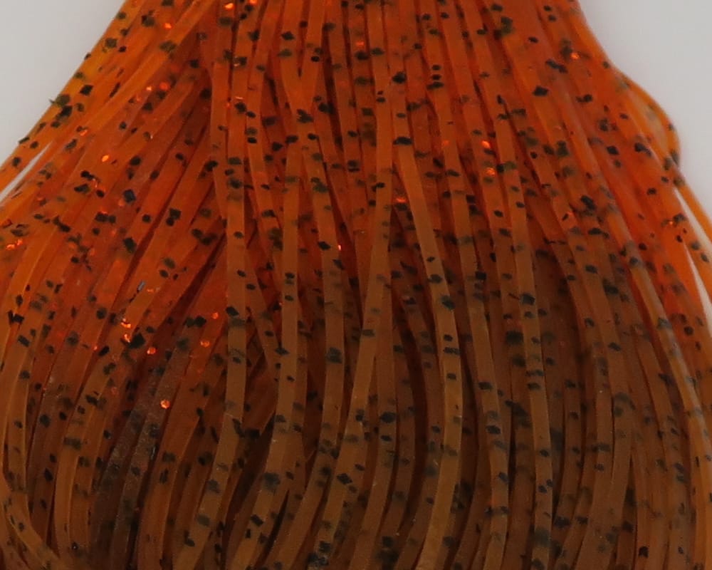 Hareline Hot Tipped Crazy Legs orange translucent rubber strands with black speckles and red glitter for fly tying