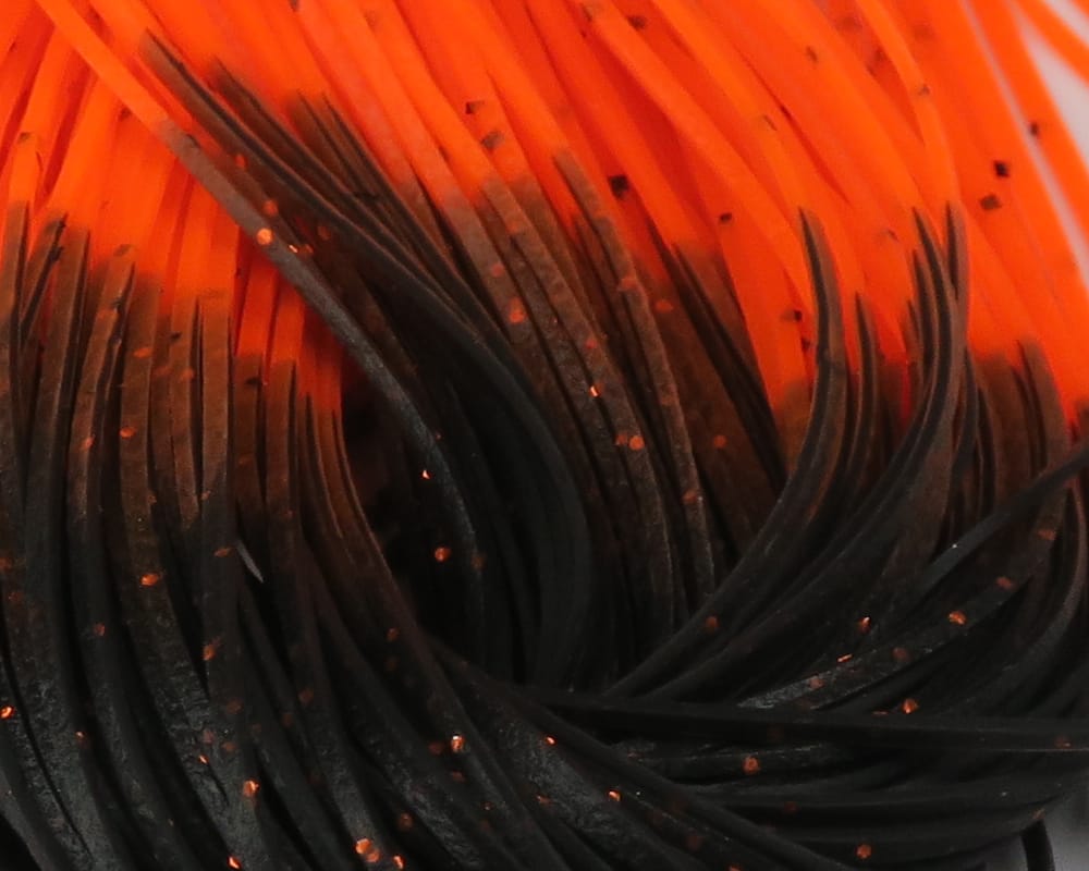 Hareline Hot Tipped Crazy Legs fly tying material: black rubber legs with bright orange hot-tips and orange speckles
