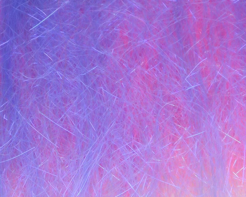 Iridescent pink-lavender synthetic dubbing with silver flash strands, Hareline Ice Dub shimmer for fly tying