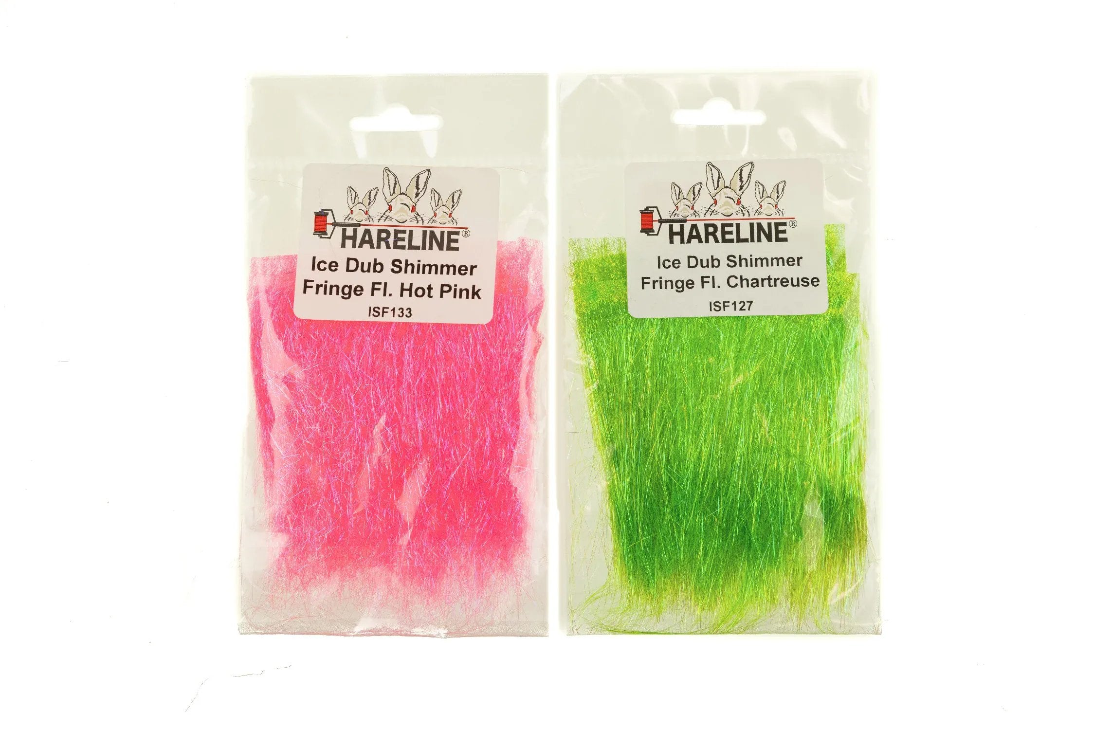 Hareline Ice Dub shimmer fringe packs in fluorescent hot pink and chartreuse green, iridescent synthetic fibers for fly tying