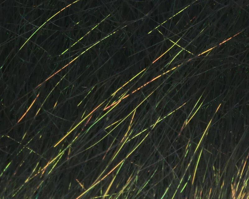 Hareline Ice Dub shimmer fringe black fibers with green-gold iridescent strands, fly tying material for flashy flies