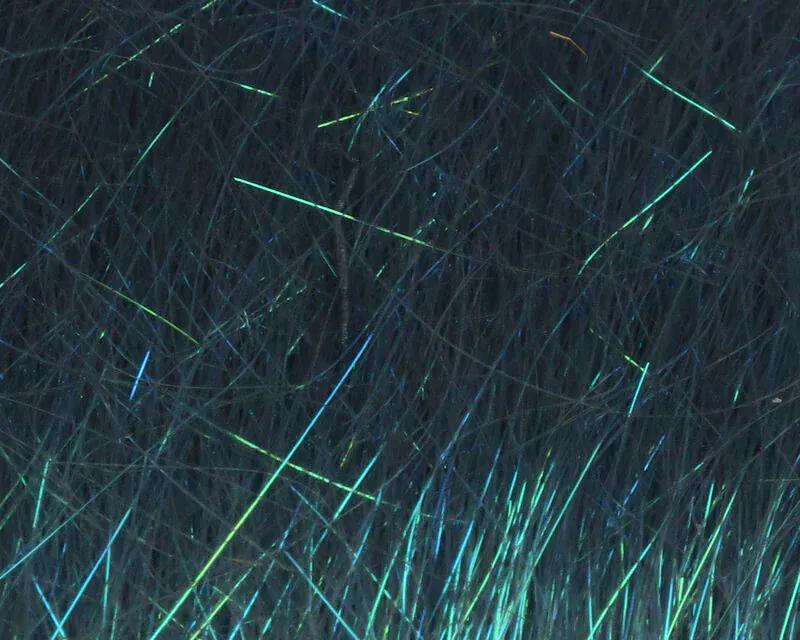 Hareline Ice Dub shimmer fringe: dark gray synthetic fibers with blue-green iridescent flash strands for fly tying