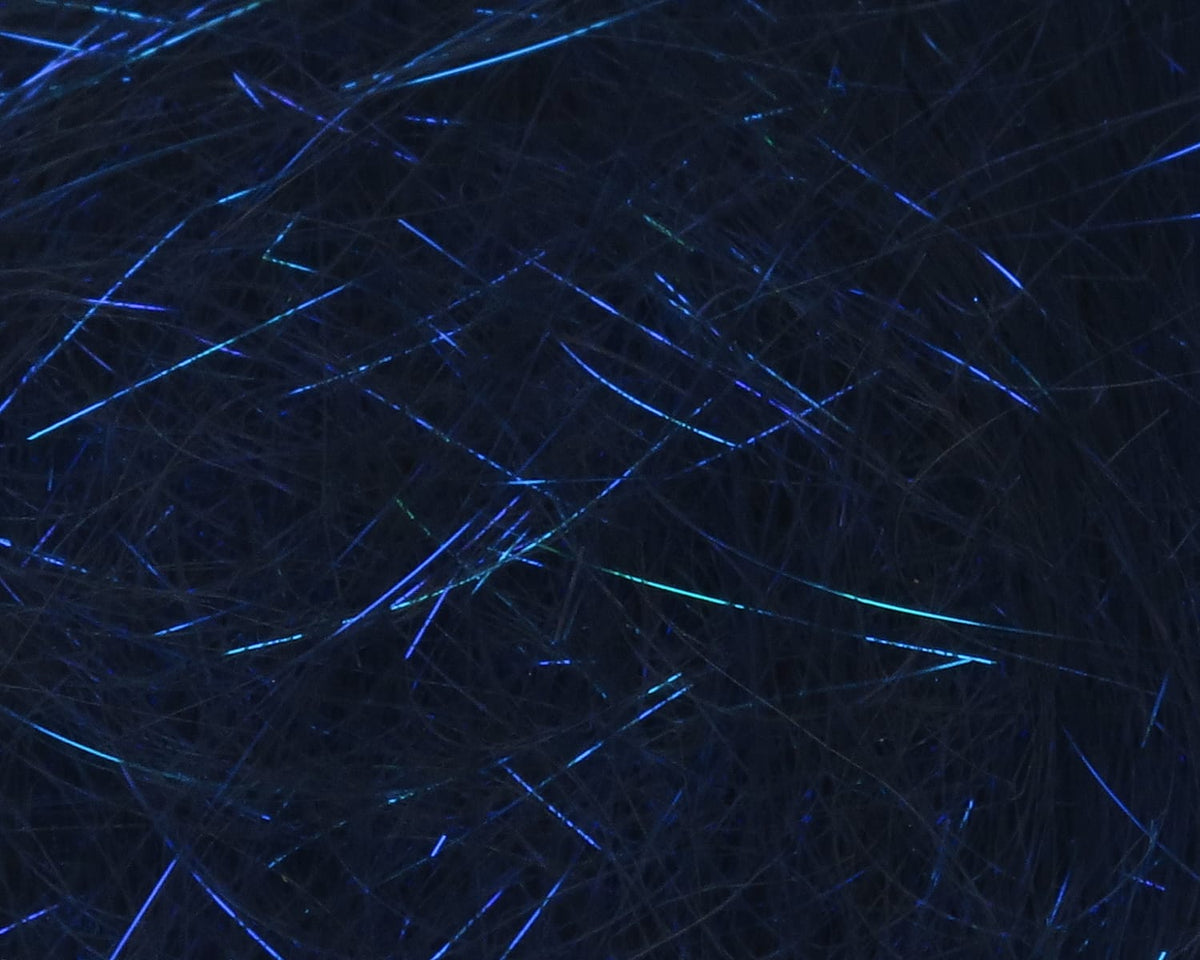 Dark navy synthetic fly tying fibers with blue-green iridescent shimmer fringe strands, fine wispy dubbing texture