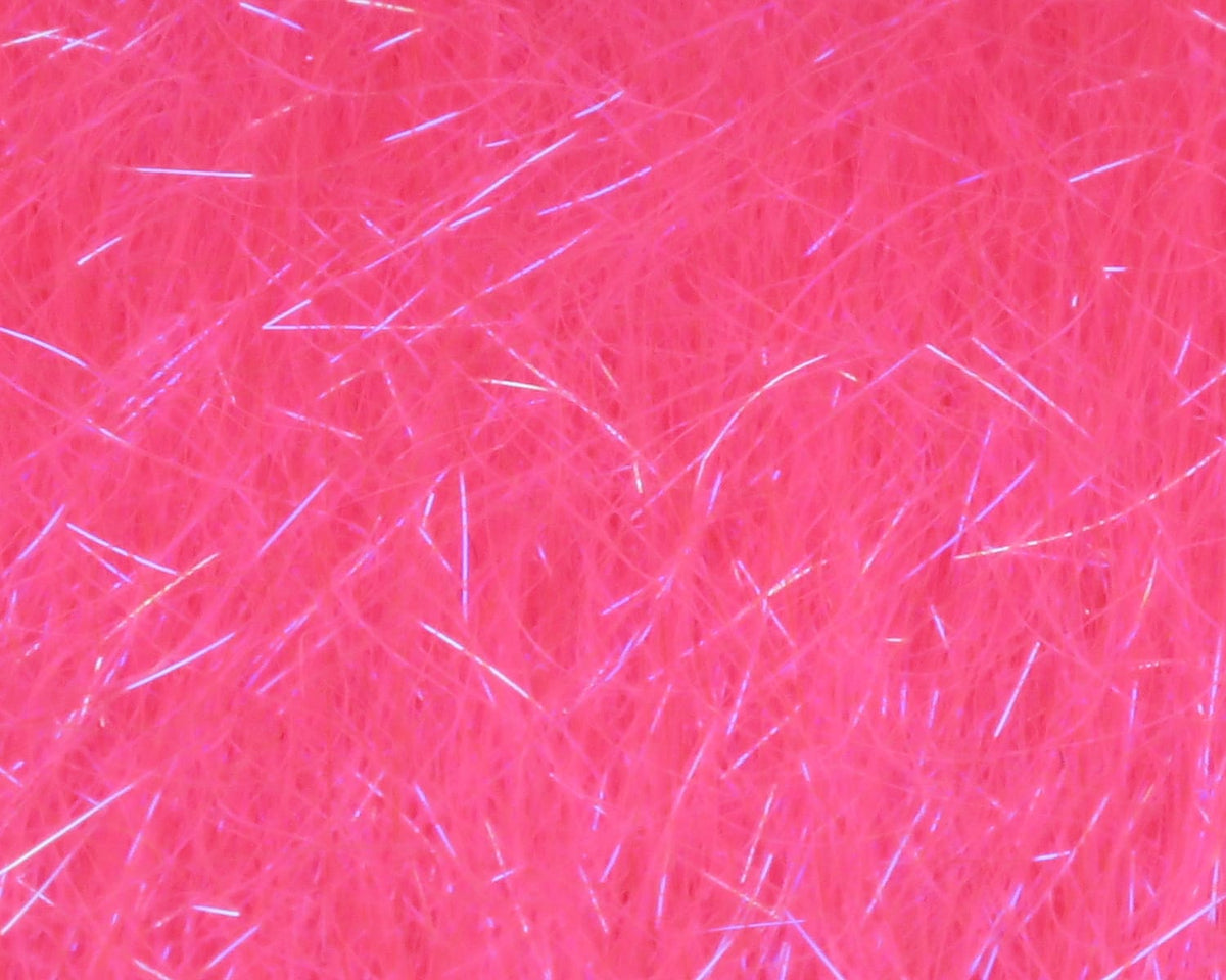 Bright pink Hareline Ice Dub shimmer fringe, synthetic dubbing fibers with iridescent flash for fly tying