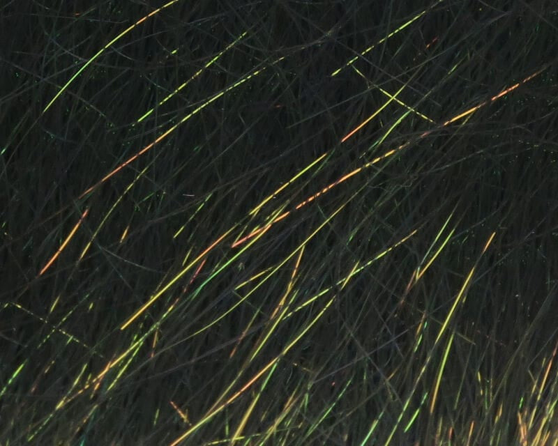 Dark olive Hareline Ice Dub shimmer fringe with fine synthetic fibers and green-gold iridescent flash for fly tying