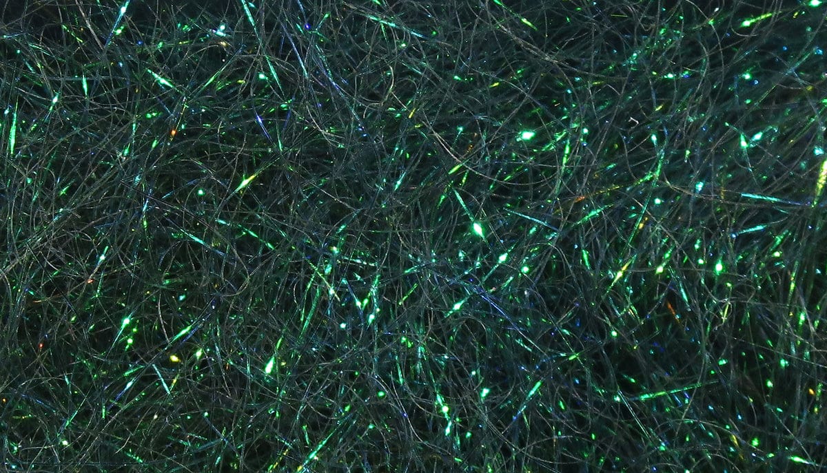 Dark green iridescent ice dubbing with fine synthetic fibers and blue-green flashing strands for fly tying