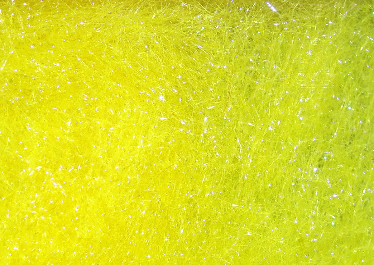 Bright chartreuse-yellow Hareline Ice Dubbing with fine sparkly synthetic fibers for fly tying dubbing