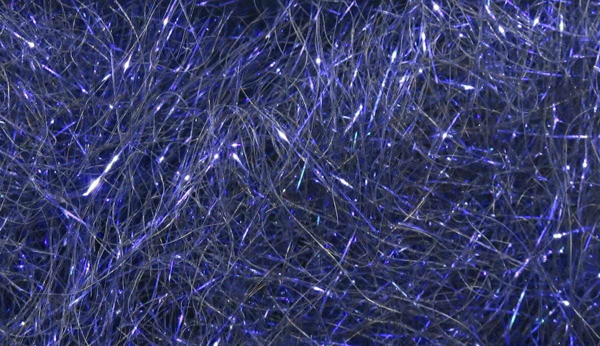 Close-up of Hareline ice dubbing: fine iridescent synthetic fibers in deep blue-violet with sparkling flash for fly tying